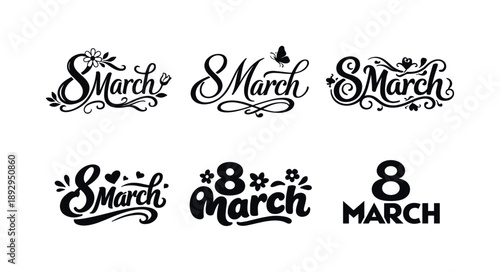 Floral Calligraphy Variations. March floral calligraphy greetings. Set lettering. harmonious lettering variations of the same emblematic concept, each with
