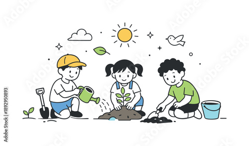 Kids Planting Trees. Children caring for the environment. Kids planting trees in a park, positive action and early environmental awareness. Minimalist flat