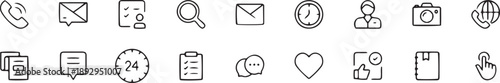 Contact outline Icons.Contact symbols - Phone, mail, fax, info, e-mail, support.Containing e-mail, phone, address, customer service, call, website and more