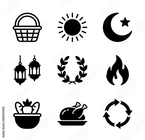 Collection of simple black graphic icons including nature elements religious symbols food items and environmental signs for web design and print projects