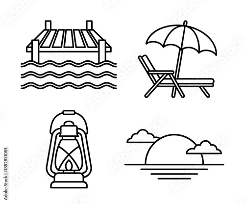 Minimalist black outline icons representing summer travel and leisure activities including a wooden dock beach umbrella vintage lantern and scenic sunset over water