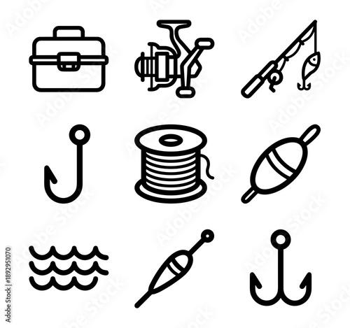 Collection of minimalist black line icons representing various fishing gear such as tackle box spinning reel rod hook line spool and water waves