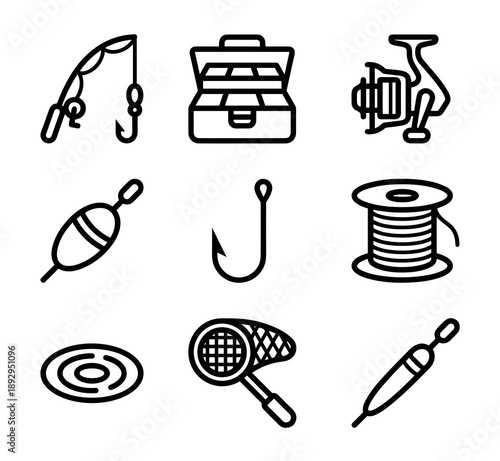Collection of minimalist black outline icons representing various fishing gear including rod reel tackle box hook landing net and float for outdoor recreation