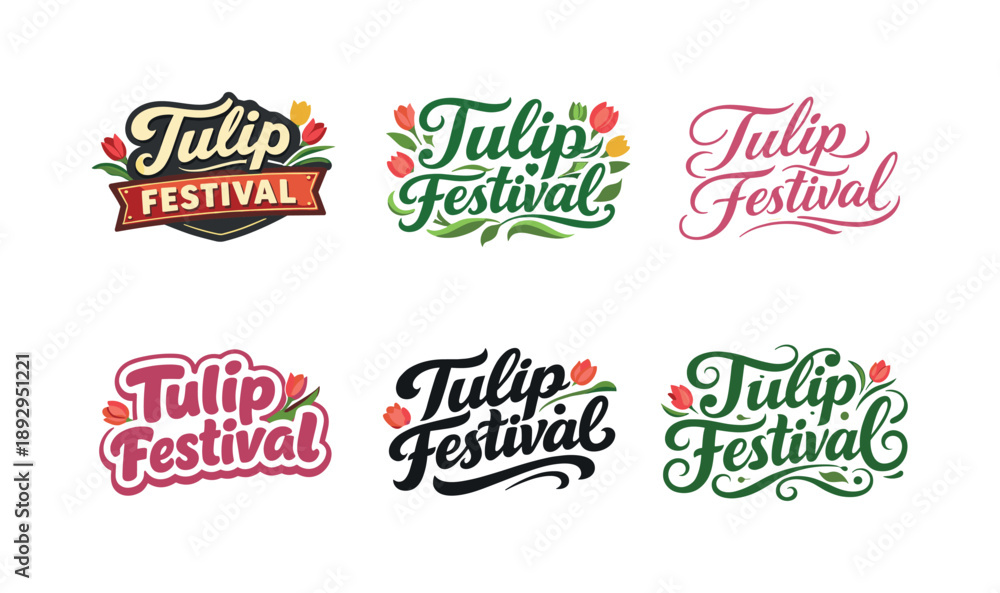 Obraz premium Tulip Festival Lettering Showcase. Tulip festival lettering. Set lettering. harmonious lettering variations of the same emblematic concept, each with different
