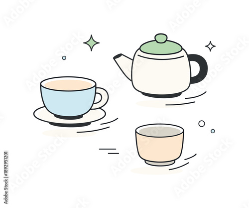 Minimalist Stoneware Tea Set. Minimal tea set. A small group of stoneware tea cups with clean silhouettes and muted colors, floating gently in an