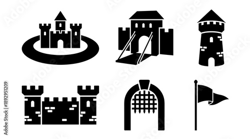 Collection of black medieval architecture silhouettes including a fortified castle tower drawbridge portcullis and flag for historical design projects and digital gaming assets