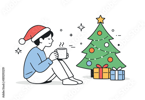 Peaceful Holiday Morning. Christmas morning joy quiet moment. A person holding a mug near the tree, enjoying a peaceful holiday morning. Calm reflection and