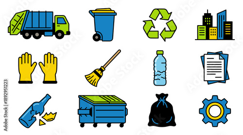 Comprehensive collection of flat line icons representing waste disposal recycling processes urban sanitation equipment garbage collection services and environmental protection symbols for use