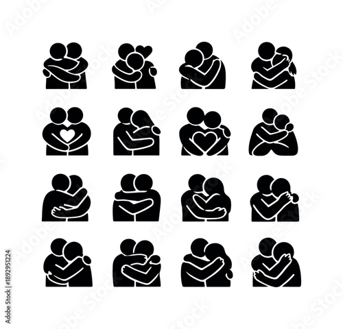 Affectionate Hug Icons. Affectionate hug. Solid icon set of affectionate hug: warm embrace, loving hug, caring contact, emotional closeness, friendly