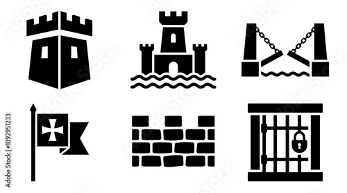 Collection of black silhouette icons representing medieval architecture including fortress tower moat drawbridge heraldic flag stone wall and prison cell with metal padlock