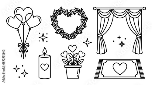 Minimalist black and white line art icons for valentines day featuring heart balloons a thorn wreath curtains a candle and a heart rug