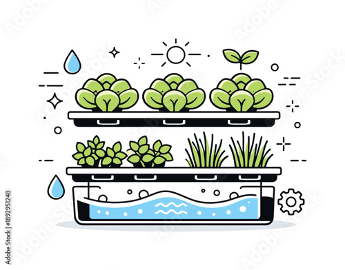 Hydroponic Garden Layout. Hydroponic vegetable growing. Lettuce and herbs grow in neat rows inside a compact water-based system. Order, efficiency, and