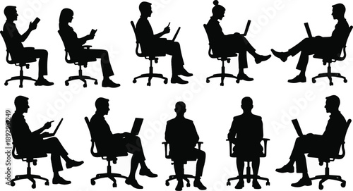  Silhouettes of people working on laptops and reading in office chairs