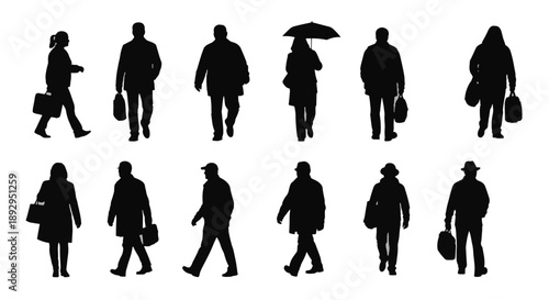 Silhouettes of people walking with bags and umbrella