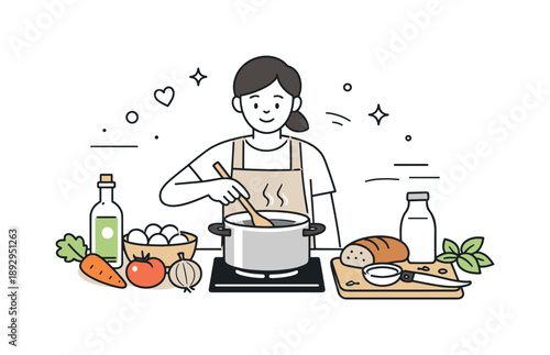Homemade Cooking Moment. Cooking from scratch. A person stirring a pot on the stove using raw ingredients placed nearby. A warm, intentional moment emphasizing