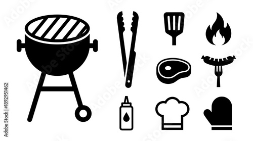 Collection of black barbecue icons including a kettle grill tongs spatula flame meat steak sausage on fork sauce bottle chef hat and cooking glove