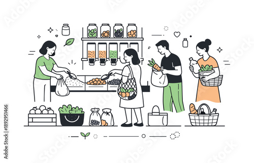 Plastic-Free Shopping. People shopping without plastic. A minimal grocery scene with shelves of unpackaged goods and customers selecting items calmly. Clear