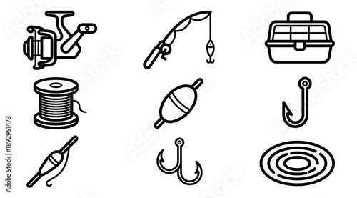 Collection of black and white outline icons representing fishing gear including spinning reel rod tackle box line spool hooks and bobbers for hobbyists