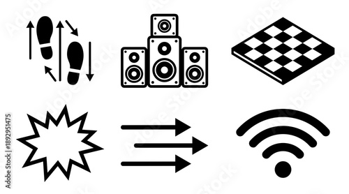 Minimalist black icons featuring dance movement footprints audio speakers a checkered dance floor impact starburst directional arrows and a wireless signal symbol