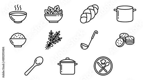 Collection of minimalist black outline icons representing various food items and kitchen tools including bowls of rice salad soup bread and cooking equipment