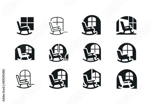 Rocking Chair Logos. Rocking chair by the window. Icon set. Set Logo of rocking chair by the window: modern window + rocker composition. harmonious logo