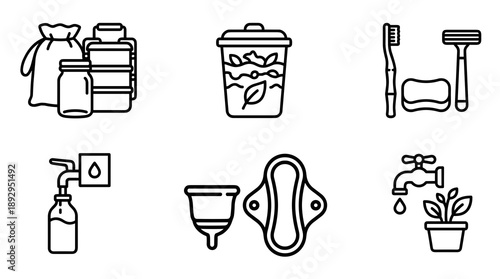 Collection of black line icons representing sustainable living practices including composting reusable packaging plastic free personal care water saving and eco friendly hygiene