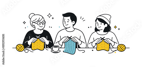 Social Knitting Gathering. Social knitting moment. People working on knitting projects side by side, smiling and listening. Warm interaction and slow-paced