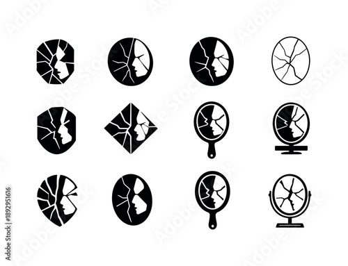 Mystery Icon Set. Mystery and suspicion. Icon set. Set Logo of Mystery and suspicion: cracked mirror with fragmented reflection. harmonious logo variations of