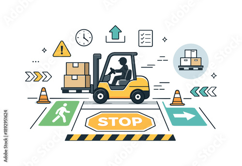Industrial Safety Organization. Industrial floor markings. A forklift operating within marked lanes, clear symbols and stripes organizing movement. The scene