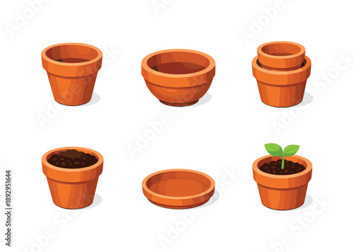 Isometric Garden Containers. Garden Containers. Isometric flat vector icons set of Garden Containers: terracotta planter pot, round clay container, stacked pot
