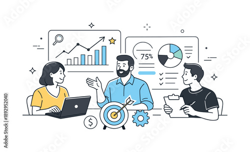 Data-Driven Team Analysis. Marketing team analytics. Team members reviewing charts and performance metrics on screens. Data-driven discussion and shared focus