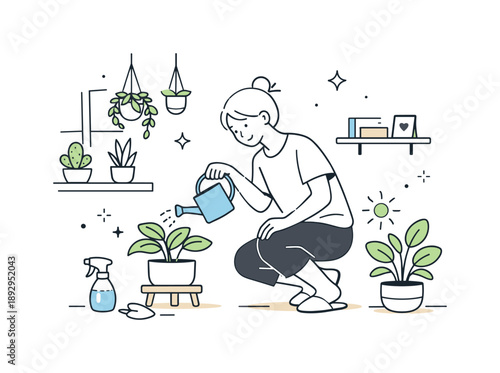 Serene Domestic Routine. Casual day at home. Person doing laundry, organizing a shelf, or watering plants with focused yet relaxed posture. Domestic balance