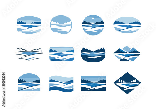 Snow Field Icon Variations. Snow-covered field with a frozen pond in the distance. Icon set. Set Logo of snow-covered field with a frozen pond in the distance: