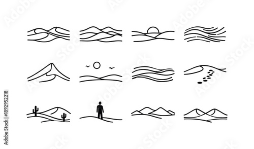 Desert Line Icons. Dune landscape. Line icon set of Dune landscape: sweeping dunes, layered sand hills, sunset horizon, wind-carved patterns, dune peak,