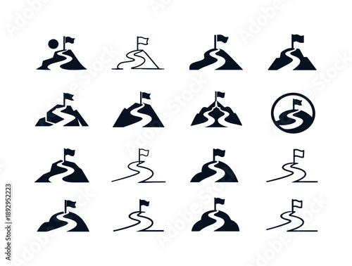 Progress Tracking Icons. Tracking progress and self-improvement. Icon set. Set Logo of Tracking progress and self-improvement: milestone flag on