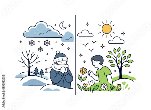 Seasonal Transition. From winter to spring. A split scene with cool clouds and snowflakes slowly giving way to sunlight, flowers, and fresh leaves. Gentle