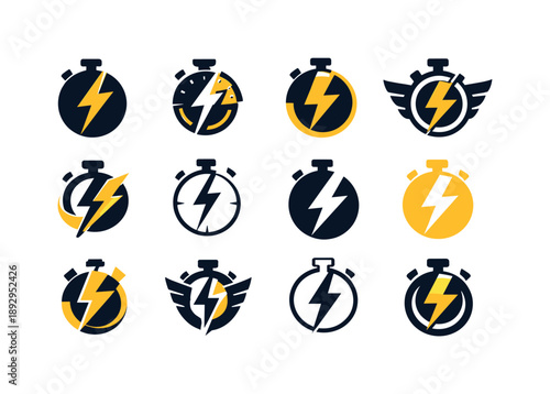 HIIT Workout Icons. HIIT workout. Icon set. Set Logo of HIIT workout: stopwatch with lightning bolt. harmonious logo variations of the same emblematic concept,