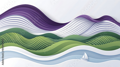 Layered paper art with purple mountains, green hills, and sailboat.