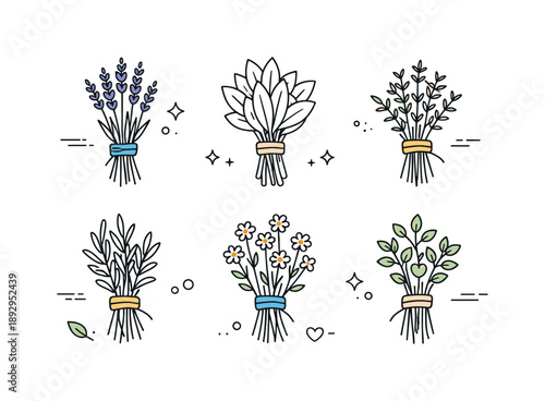 Minimal Herbal Harmony. Minimal dried herbs collection. Symmetrical layout of dried herb bundles, focusing on natural forms, balance, and clean visual rhythm.