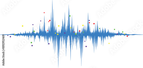 Colorful waveform vector with scattered data points, abstract audio signal visualization, stereo amplitude graph, dynamic digital sound pattern
