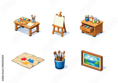 Isometric Artist Workspace. Artist Workspace. Isometric flat vector icons set of Artist Workspace: worktable with palette and paints, standing easel, drawer