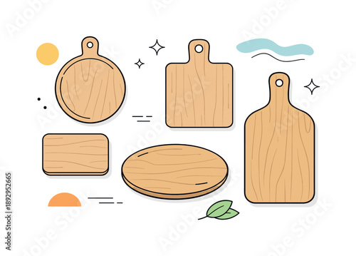 Minimalist Cutting Boards. Minimal wooden cutting boards set. Several boards of different shapes and sizes laid out evenly, expressing simplicity,