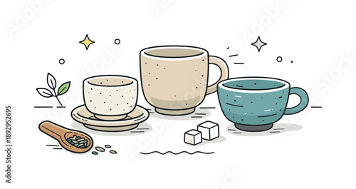 Minimalist Stoneware Tea Cups. Stoneware tea cups. A set of handmade stoneware tea cups arranged calmly on a table, subtle texture and natural imperfections