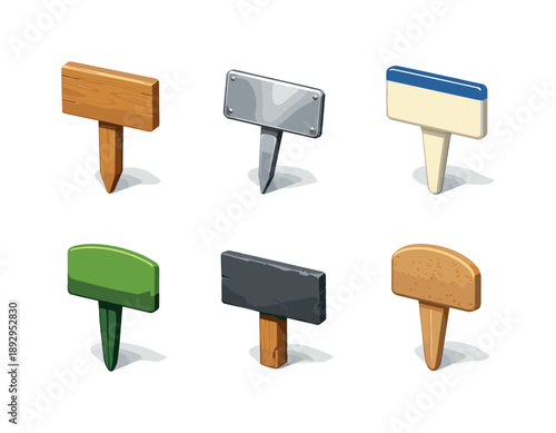 Marker Materials Grid. Marker Materials. Isometric flat vector icons set of Marker Materials: wood label stake, metal engraved tag, ceramic glazed marker,