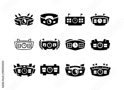 Arena Scoreboard Logos. Arena scoreboard. Icon set. Set Logo of arena scoreboard: scoreboard with timer. harmonious logo variations of the same emblematic