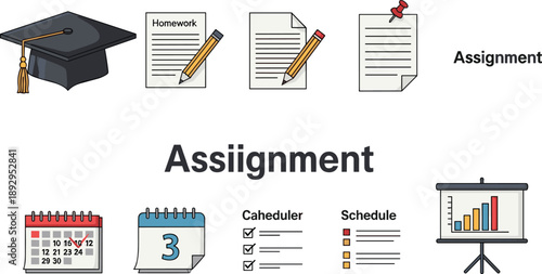 Set of 10 Black and White Icons Depicting Education, Homework, Assignment, Scheduling, and Academic Planning Themes with Labeled Elements
