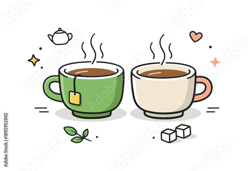 Cozy Tea Time. Cozy tea break. Stoneware tea cups placed side by side, soft shadows and simple details conveying comfort, balance, and quiet conversation.