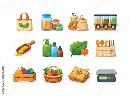Sustainable Shopping Icons. Sustainable Shopping. Colorful flat vector icons set of Sustainable Shopping: cloth tote, glass jars, produce bags, bulk bins,