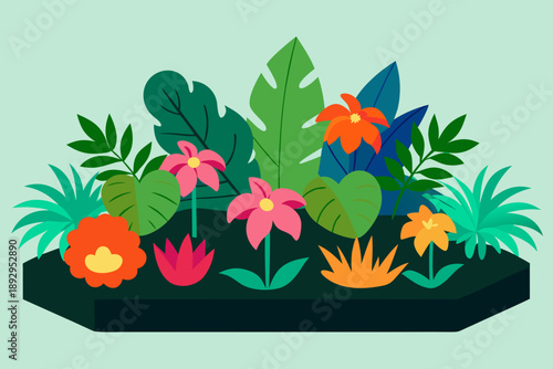 Tropical Flower Bed with Multicolor Blooms and Moss