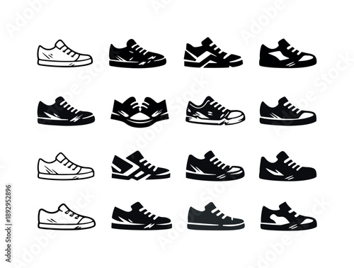 Scuffed Shoe Logos. Scuffed Shoes. Icon set. Set Logo of Scuffed Shoes: worn sneaker with scratches. harmonious logo variations of the same emblematic concept,